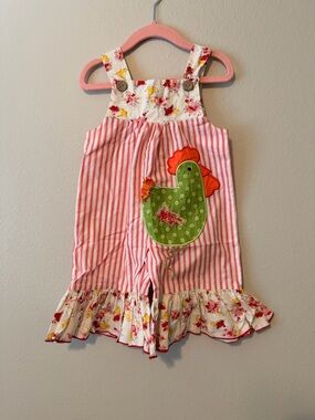 La Jenn’s Girls Pink Stripe Chicken Appliqué Romper